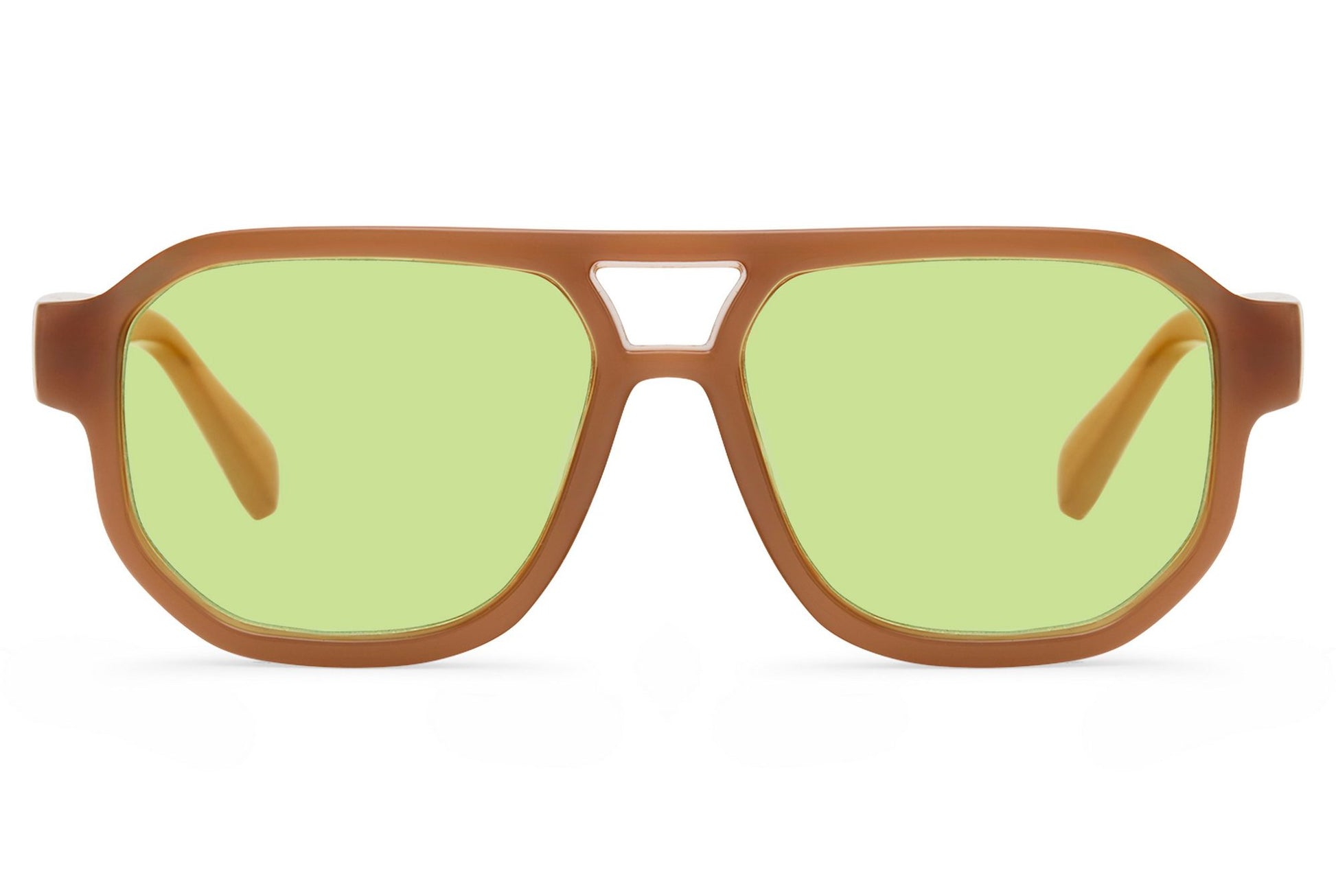 Green lens aviator sunglasses with a vintage chic feel, offering a balanced look between classic design and contemporary style