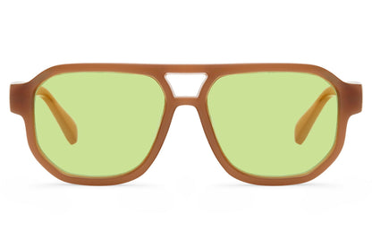 Green lens aviator sunglasses with a vintage chic feel, offering a balanced look between classic design and contemporary style