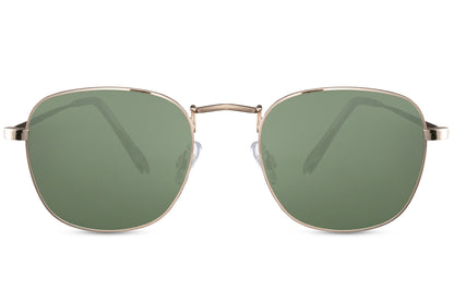 Unisex black square sunglasses with green lenses and lightweight metal frame for retro inspired fashion looks