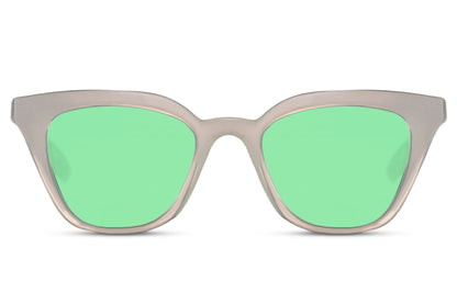 Cat eye sunglasses with green lenses and lightweight eco-friendly frame, designed for fresh everyday looks and comfortable wear