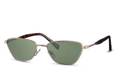 Cat eye sunglasses with green tinted lenses and slim metallic frame