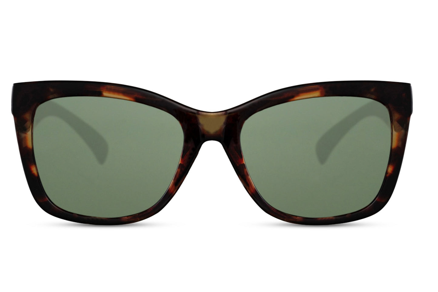 Chunky cat eye sunglasses with green tinted lenses and lightweight frame