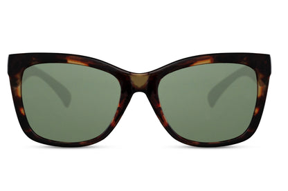 Chunky cat eye sunglasses with green tinted lenses and lightweight frame