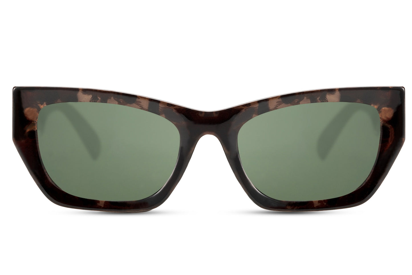 Cat eye sunglasses with green tinted lenses and lightweight eco conscious frame