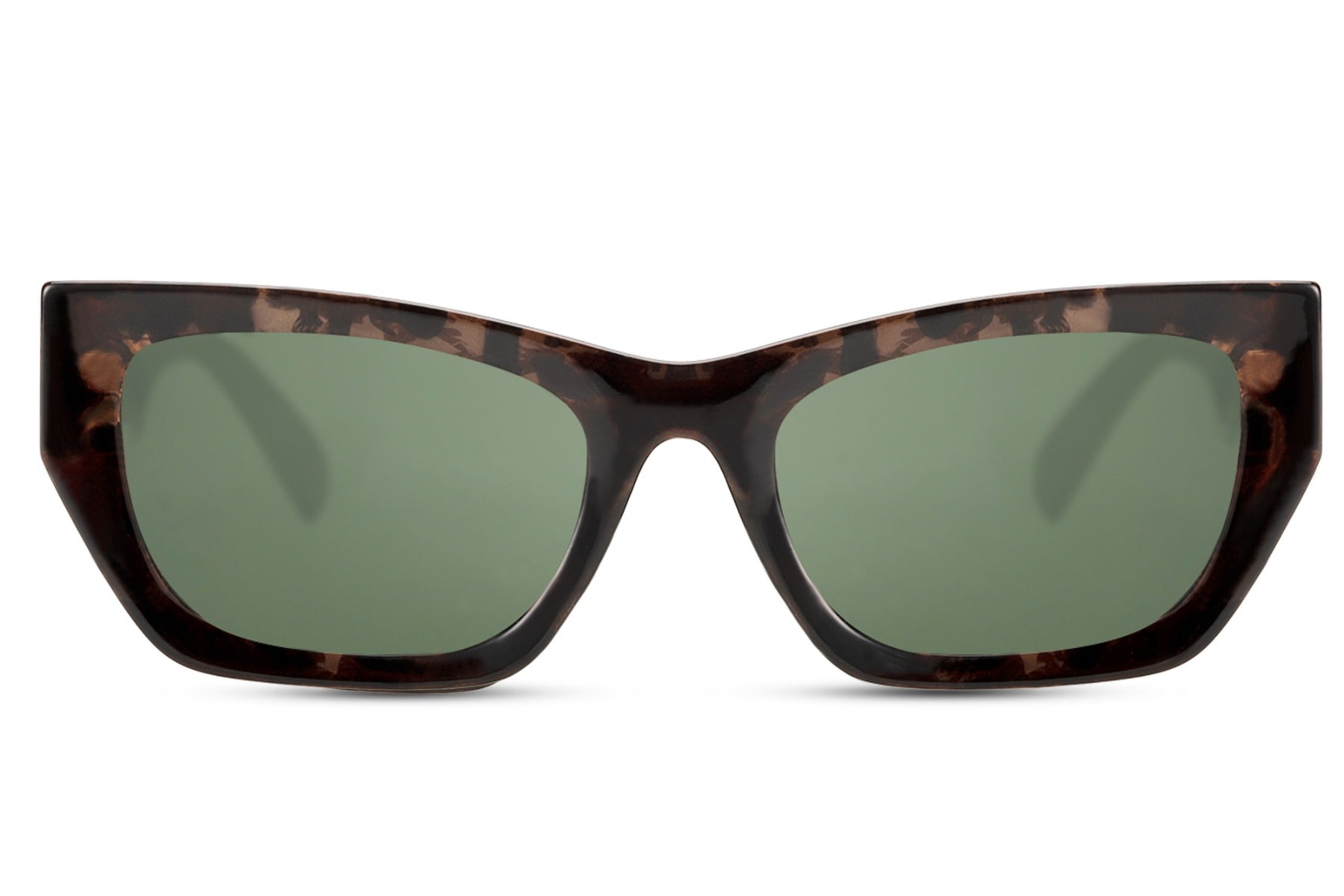 Cat eye sunglasses with green tinted lenses and lightweight eco conscious frame