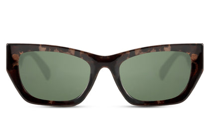 Cat eye sunglasses with green tinted lenses and lightweight eco conscious frame