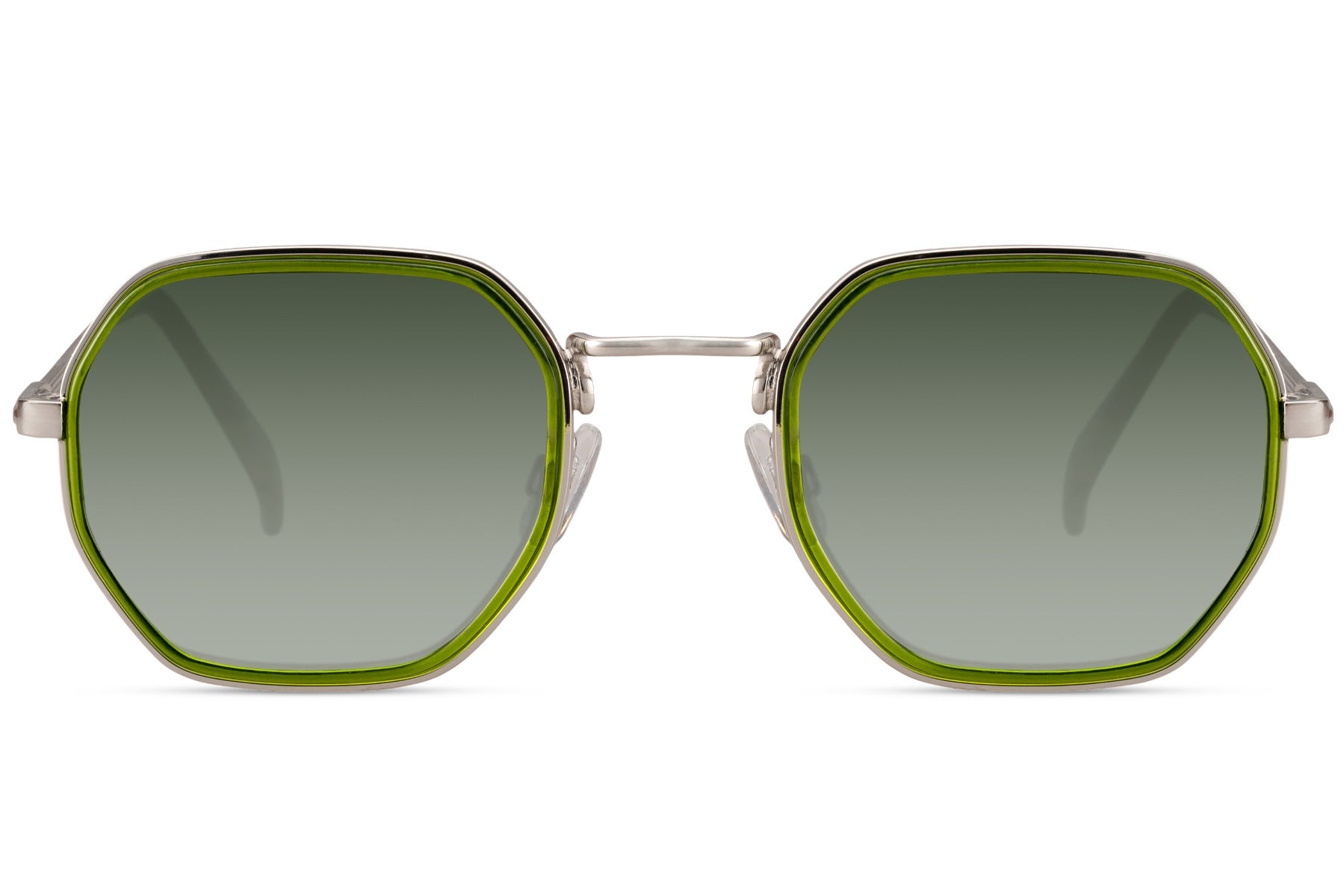 Geometric square sunglasses with olive green lenses and lightweight metal frame for travel and outdoor fashion