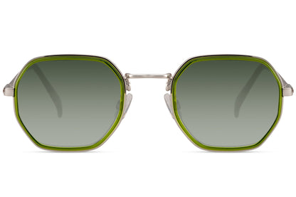 Geometric square sunglasses with olive green lenses and lightweight metal frame for travel and outdoor fashion
