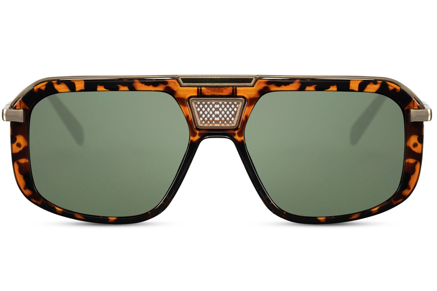 Green lens rectangular aviator sunglasses with leopard print frame, offering a bold and fashionable retro look