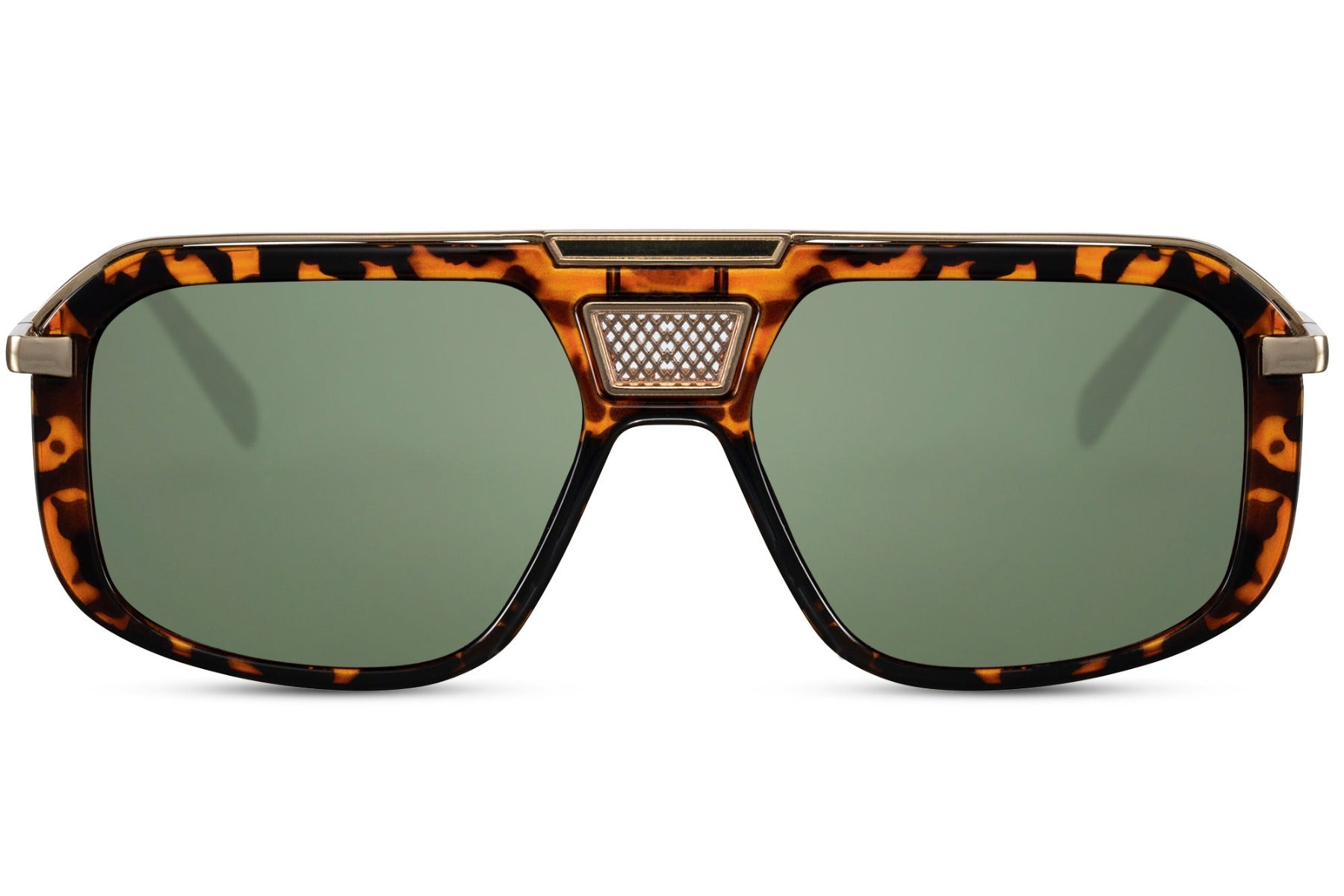 Green lens rectangular aviator sunglasses with leopard print frame, offering a bold and fashionable retro look