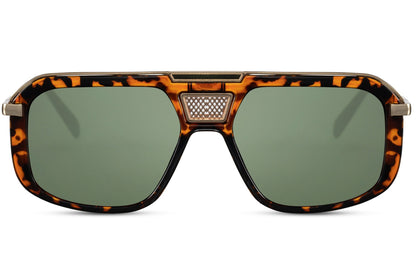 Green lens rectangular aviator sunglasses with leopard print frame, offering a bold and fashionable retro look
