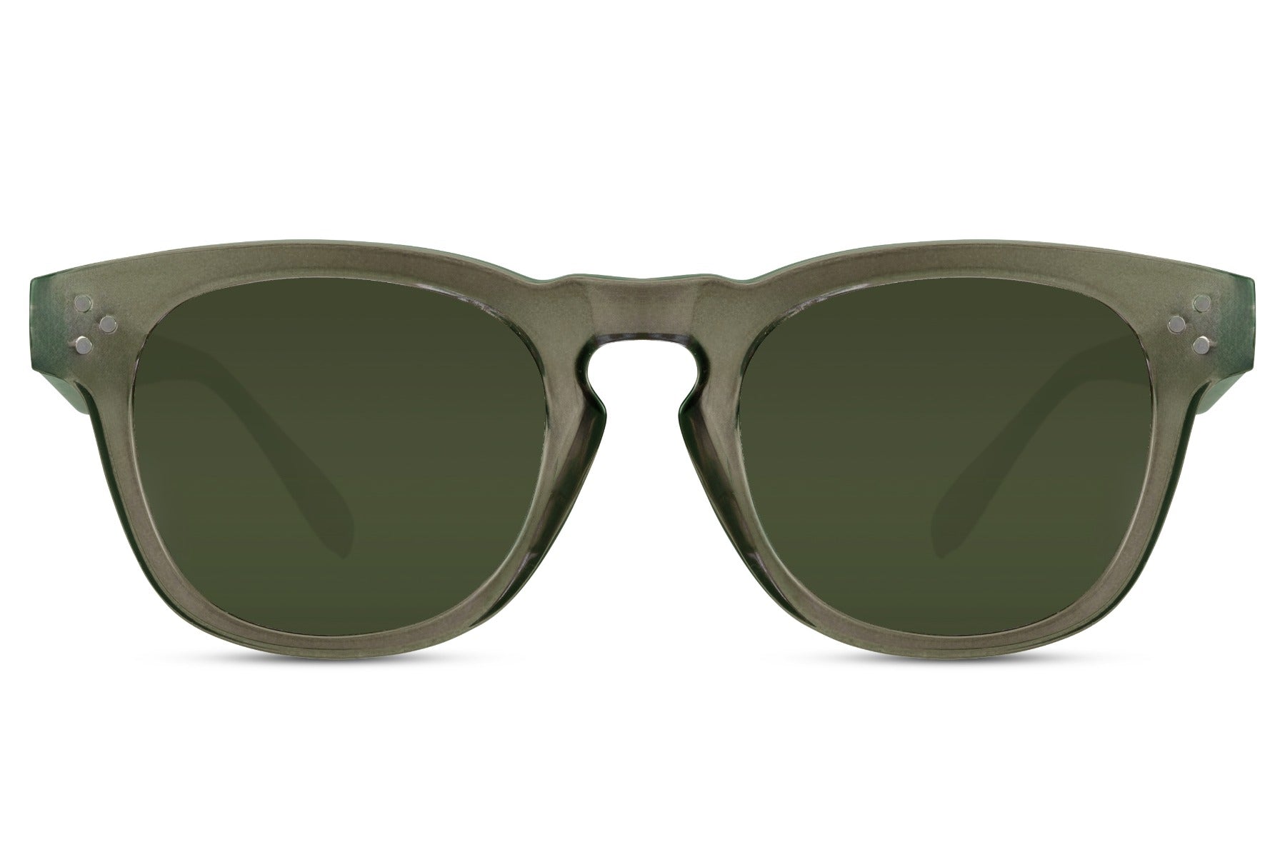 Retro square sunglasses with olive green lenses and recycled lightweight frame for modern streetwear fashion