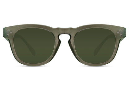 Retro square sunglasses with olive green lenses and recycled lightweight frame for modern streetwear fashion