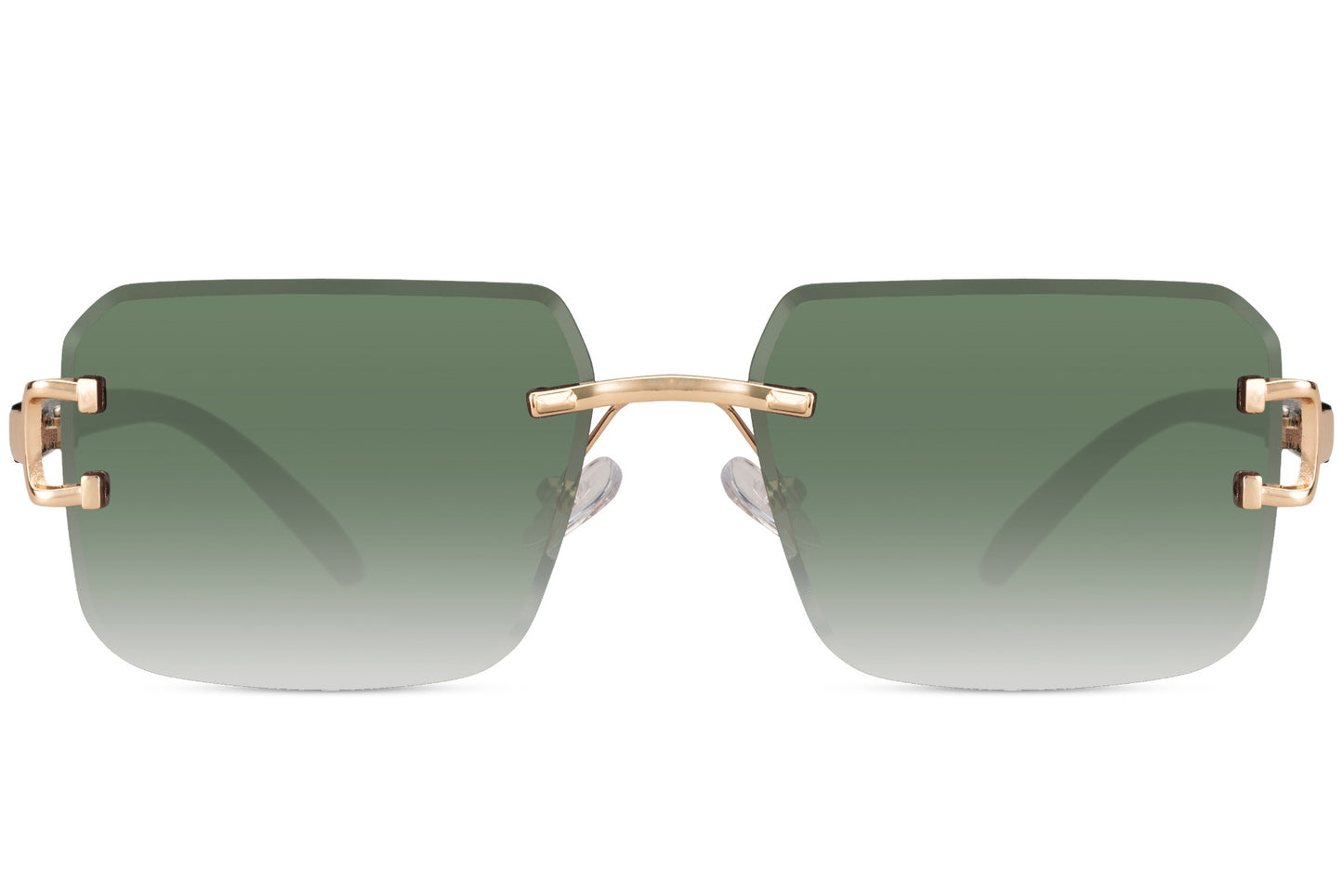 Rimless square sunglasses with green lenses for men featuring minimalist luxury streetwear styling