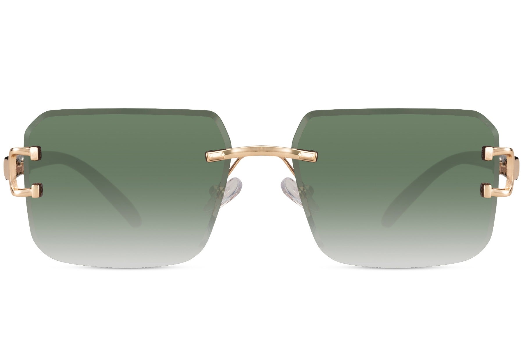 Rimless square sunglasses with green lenses for men featuring minimalist luxury streetwear styling