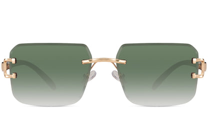 Rimless square sunglasses with green lenses for men featuring minimalist luxury streetwear styling