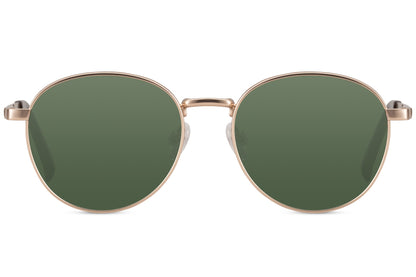 Round aviator sunglasses with green lenses and metal frame, suitable for outdoor use and relaxed everyday outfits