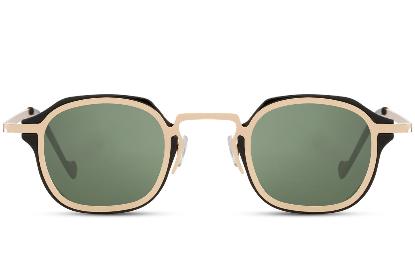 Fashion small square sunglasses with green lenses and thin metal frame for casual outfits and outdoor styling
