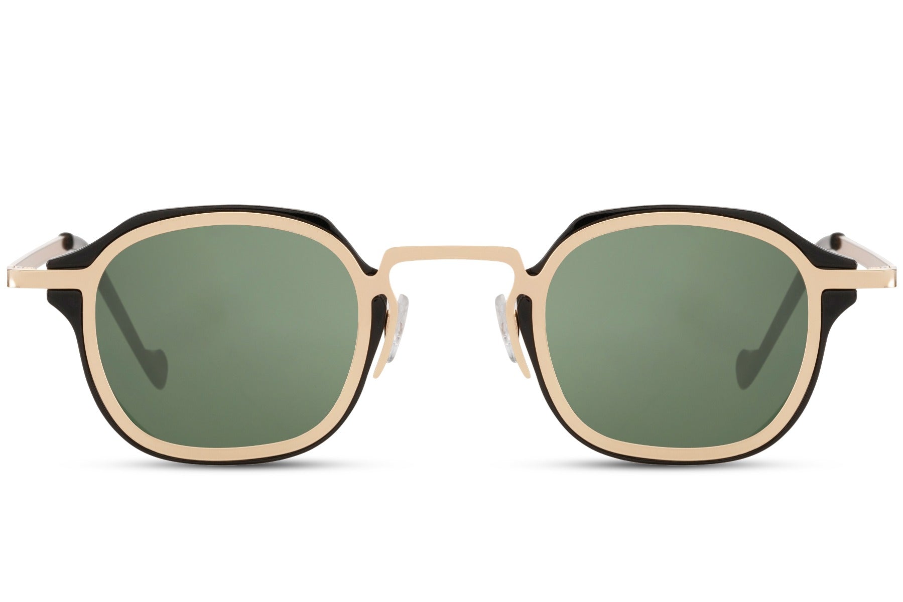 Fashion small square sunglasses with green lenses and thin metal frame for casual outfits and outdoor styling