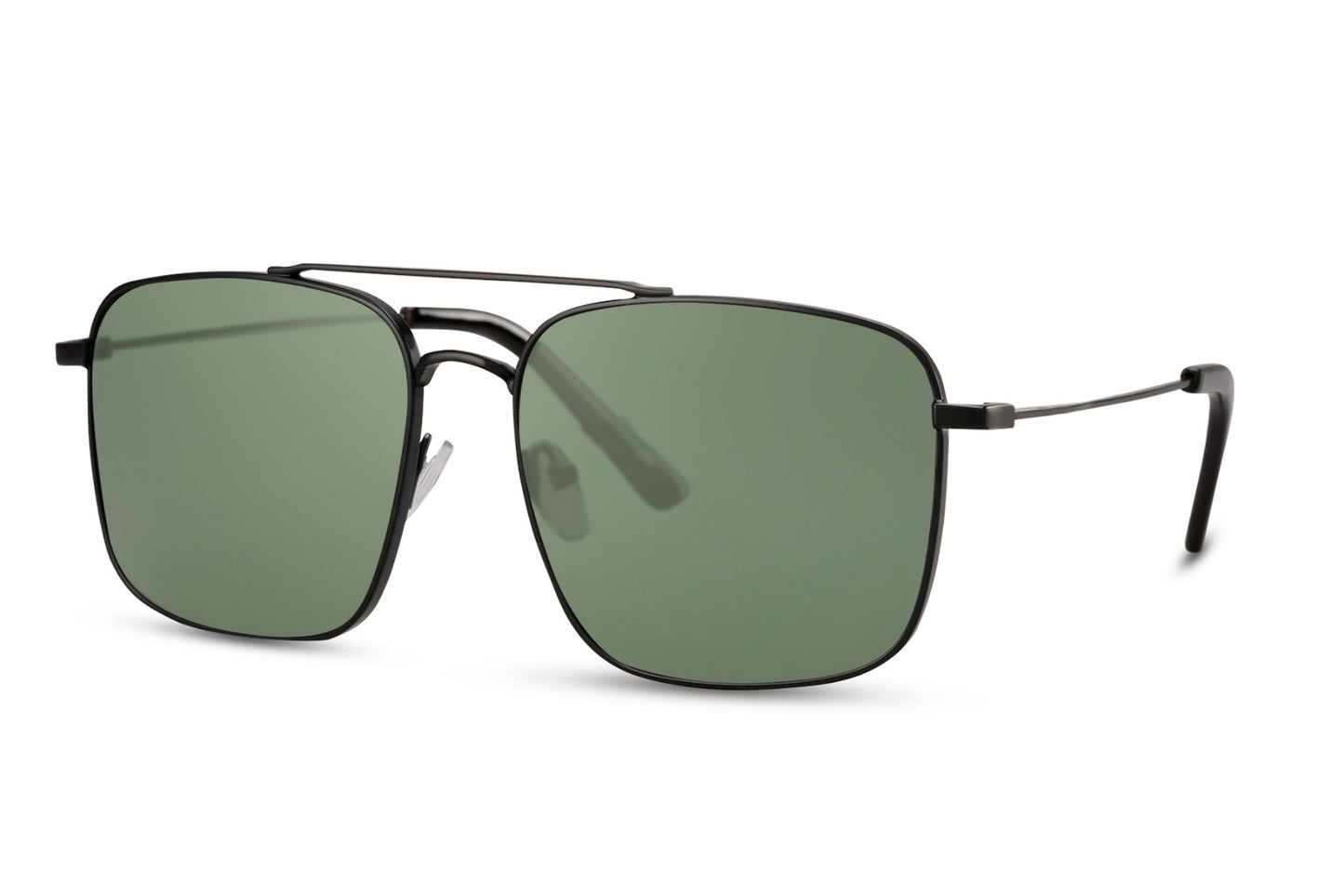 Green lens square aviator sunglasses showing slim metal frame and structured square shape for a modern look