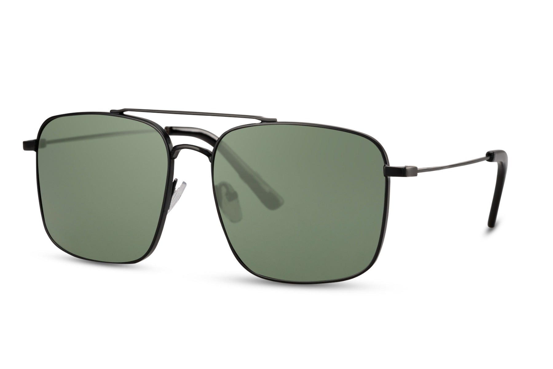Green lens square aviator sunglasses showing slim metal frame and structured square shape for a modern look