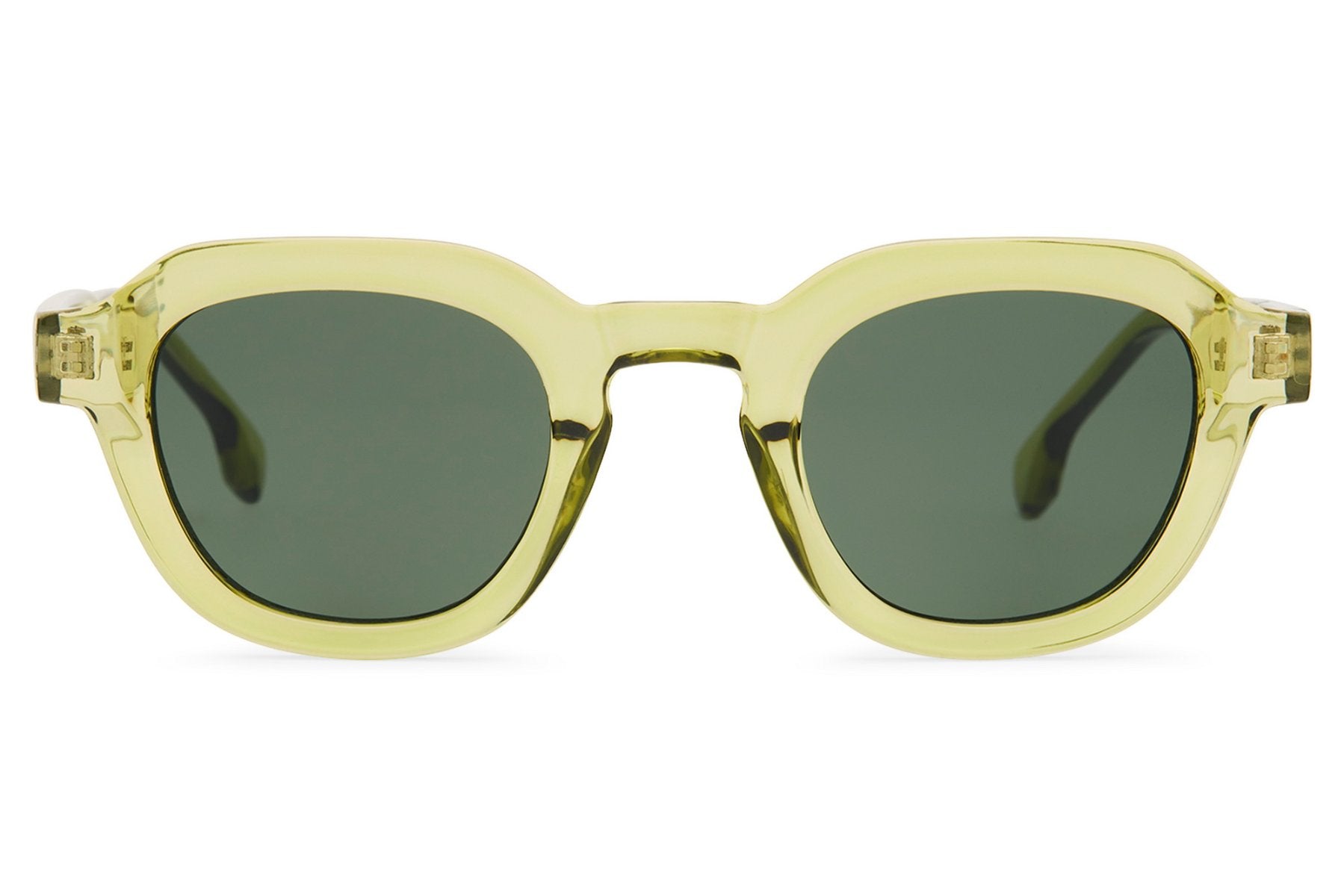 Unisex square sunglasses with green lenses and eco friendly translucent frame for outdoor and casual wear
