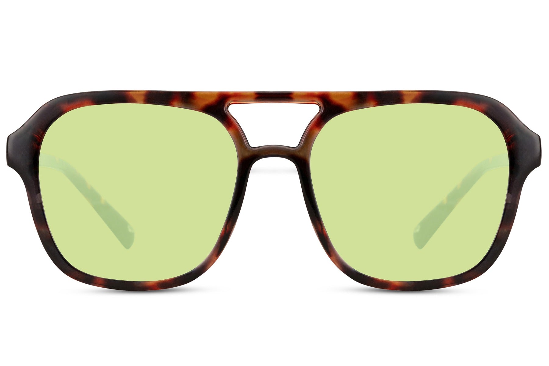 Green tinted aviator sunglasses inspired by vintage style, offering a relaxed and stylish look