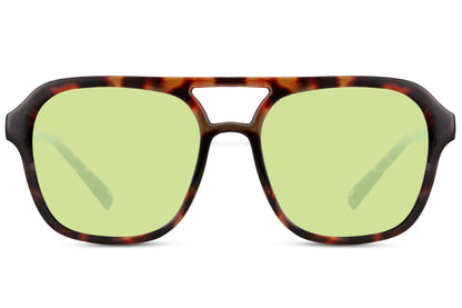 Green tinted aviator sunglasses inspired by vintage style, offering a relaxed and stylish look