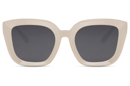 Grey geometric cat eye sunglasses with modern angular frame and lightweight design