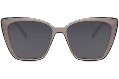 Oversized cat eye sunglasses with grey lenses and structured frame, combining modern edge with vintage inspired design