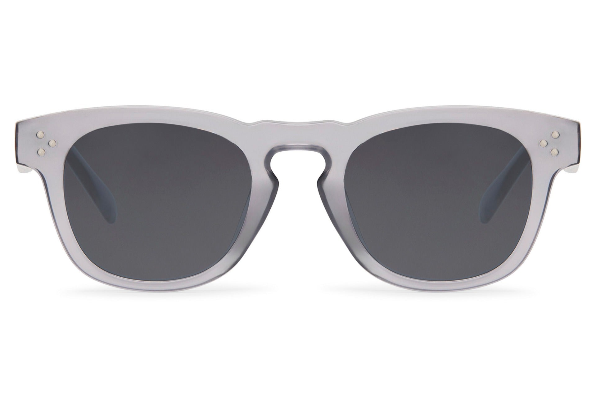 Grey retro square sunglasses with recycled lightweight frame and dark lenses for everyday travel and lifestyle wear