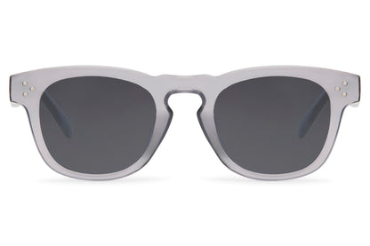 Grey retro square sunglasses with recycled lightweight frame and dark lenses for everyday travel and lifestyle wear