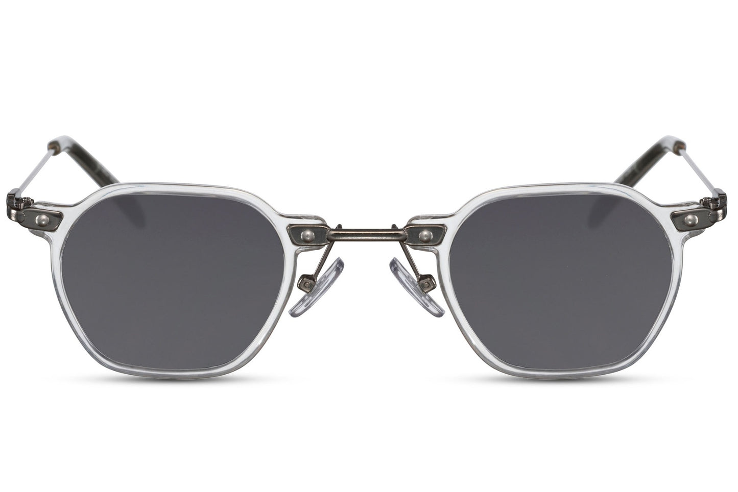 Grey lens small square sunglasses with retro metal frame for minimalist fashion and travel styling