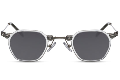 Grey lens small square sunglasses with retro metal frame for minimalist fashion and travel styling