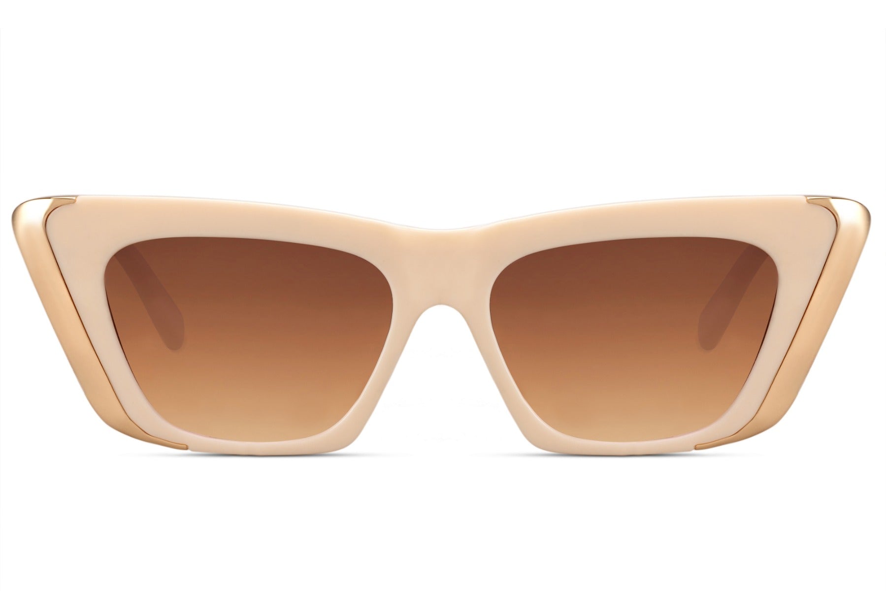Hepburn-inspired oversized cat eye sunglasses with beige frame and brown gradient lenses, offering elegant vintage style with full UV protection