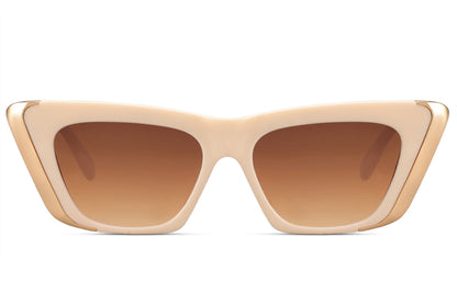 Hepburn-inspired oversized cat eye sunglasses with beige frame and brown gradient lenses, offering elegant vintage style with full UV protection