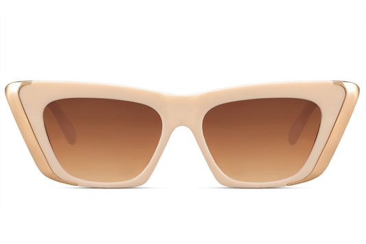 Hepburn-inspired oversized cat eye sunglasses with beige frame and brown gradient lenses, offering elegant vintage style with full UV protection