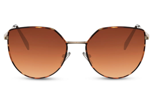 Leopard print cat eye sunglasses with brown gradient lenses and lightweight frame offering UV protection