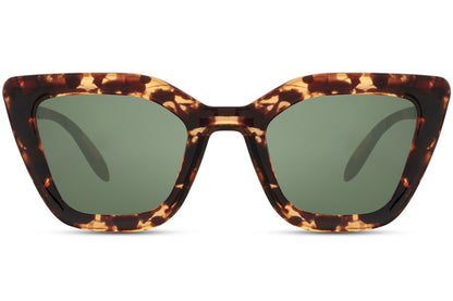 Bold statement cat eye sunglasses with leopard print frame and green tinted lenses, perfect for standout fashion looks and confident styling