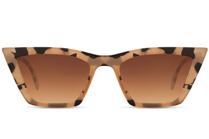 Leopard print cat eye sunglasses with sharp frame edges and tinted lenses for a bold fashion look
