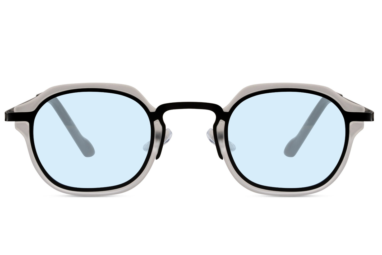 Men’s small square sunglasses with light blue translucent lenses for streetwear, travel and holiday outfits