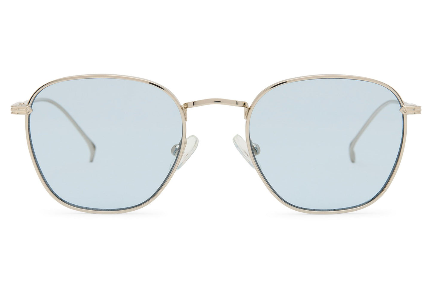 Soft square sunglasses with light blue lenses and slim metal frame for casual outfits, travel and outdoor wear