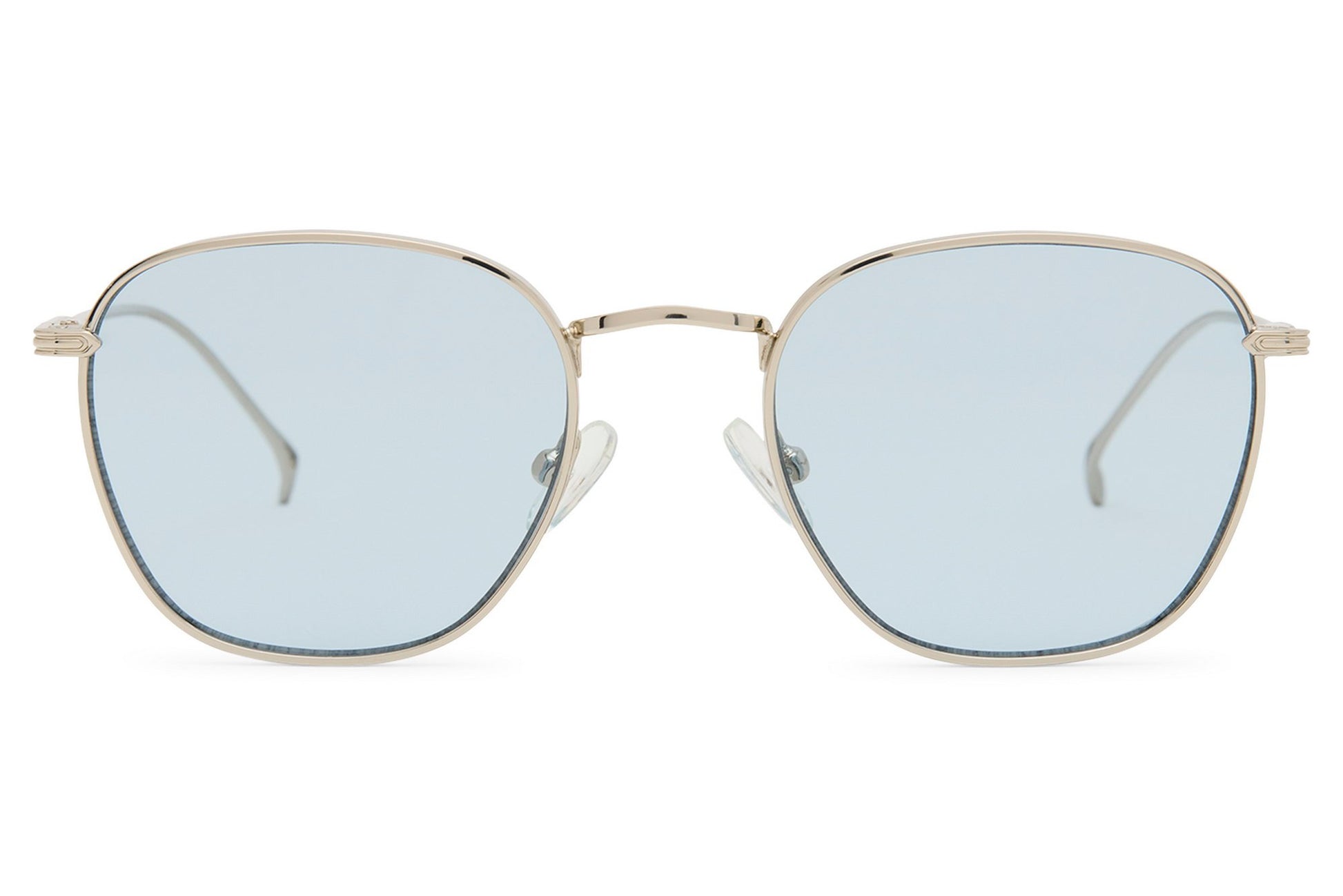 Soft square sunglasses with light blue lenses and slim metal frame for casual outfits, travel and outdoor wear