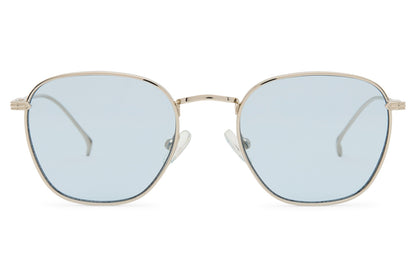 Soft square sunglasses with light blue lenses and slim metal frame for casual outfits, travel and outdoor wear