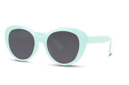 Light green cat eye sunglasses with tinted lenses and chunky frame design