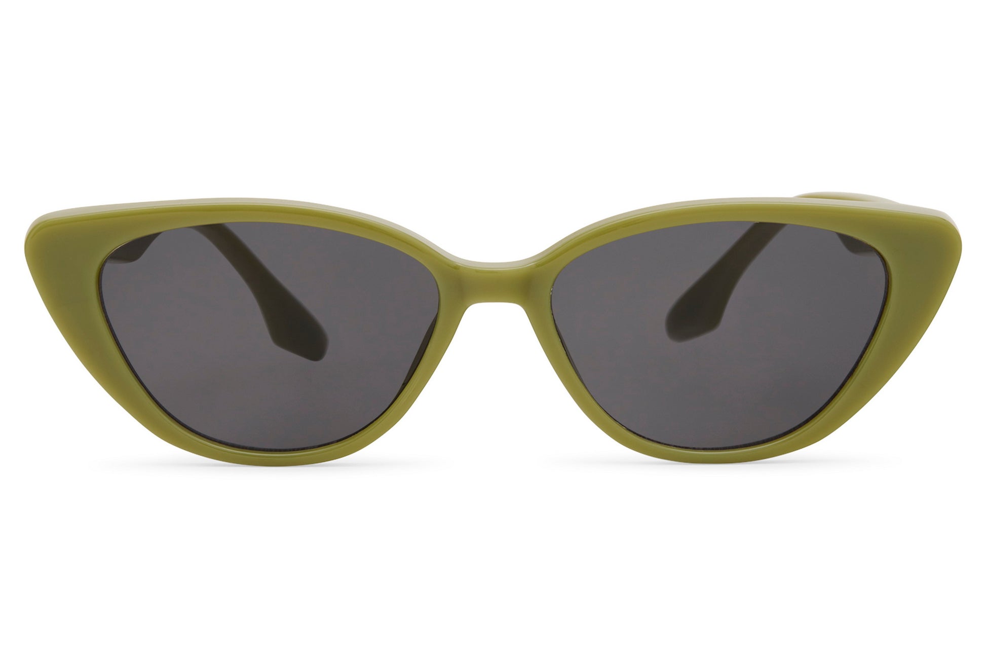 Olive green cat eye sunglasses with dark tinted lenses and lightweight frame for everyday wear