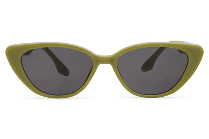 Olive green cat eye sunglasses with dark tinted lenses and lightweight frame for everyday wear
