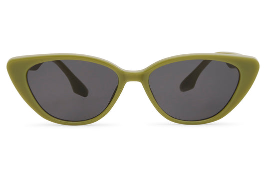 Olive green cat eye sunglasses with dark tinted lenses and lightweight frame for everyday wear