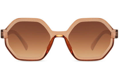 London style eco oversized geometric sunglasses with brown tinted lenses and bold frame, sustainable fashion sunglasses for women perfect for city outfits, travel and everyday wear in the UK