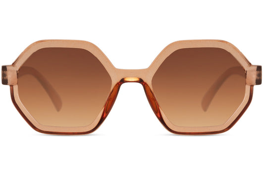 London style eco oversized geometric sunglasses with brown tinted lenses and bold frame, sustainable fashion sunglasses for women perfect for city outfits, travel and everyday wear in the UK